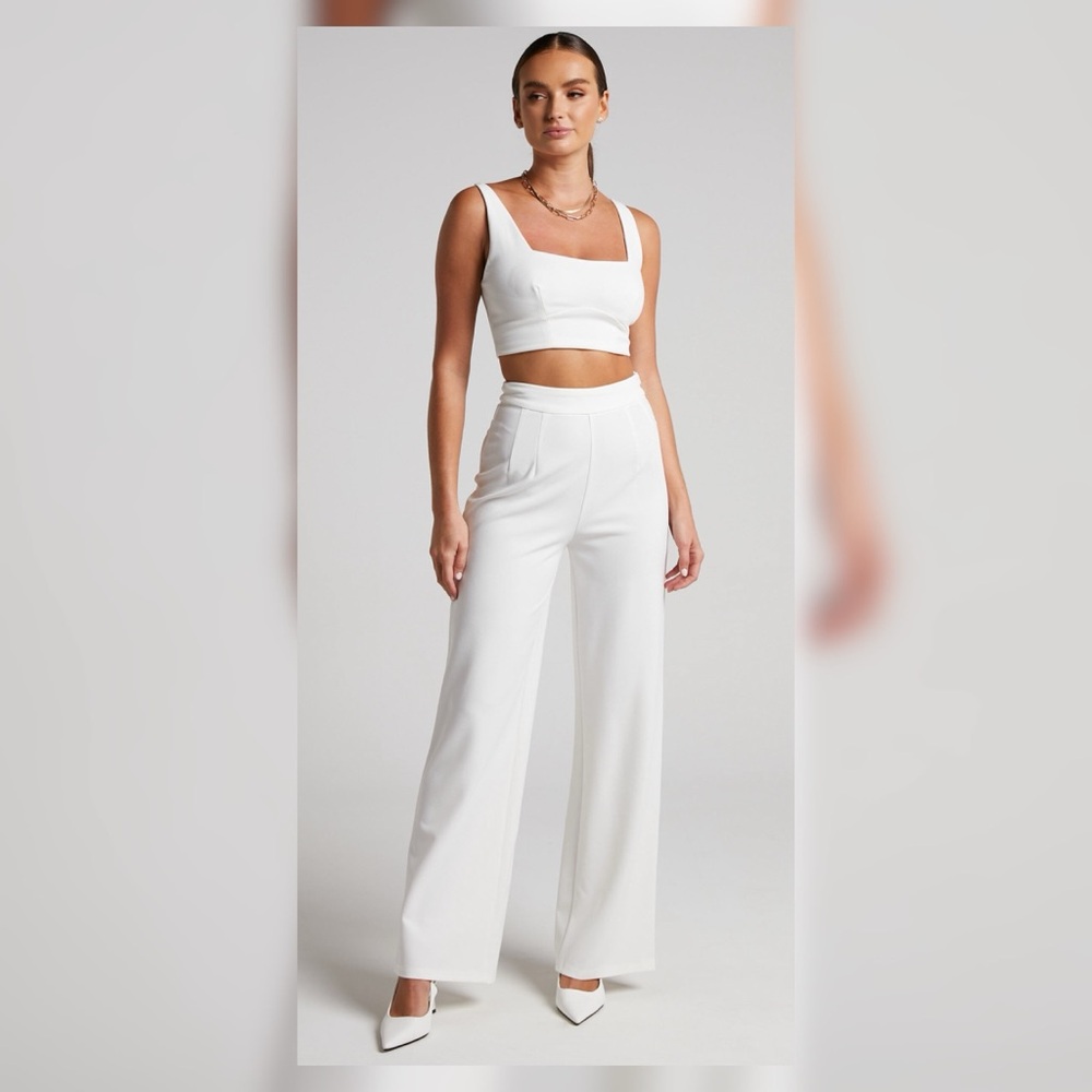 Showpo Elibeth Two Piece Set Crop Top High Waisted Wide Leg Pants White Sz 4